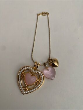 Avon Gold-Tone Necklace with Pink Heart Charms and Pearl Accents